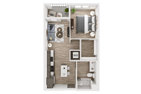 a stylized floor plan with a bedroom and a living room